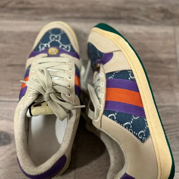 Gucci Style Beige and Purple Sneakers with Orange Stripes - Picture 1 of 6